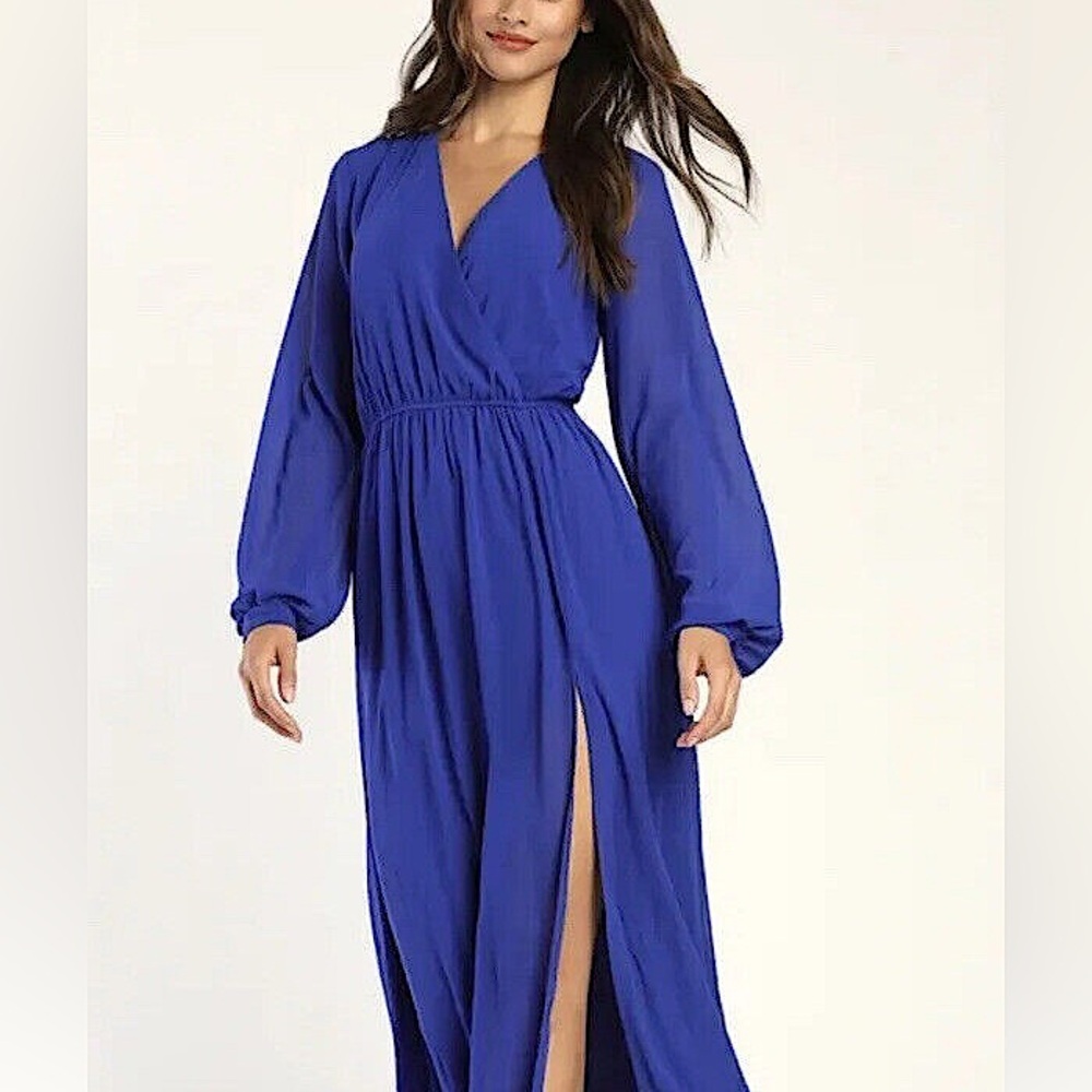 Lulus Wondrous Water Lilies Royal Blue Long Sleeve Slit Maxi Dress. Size small.